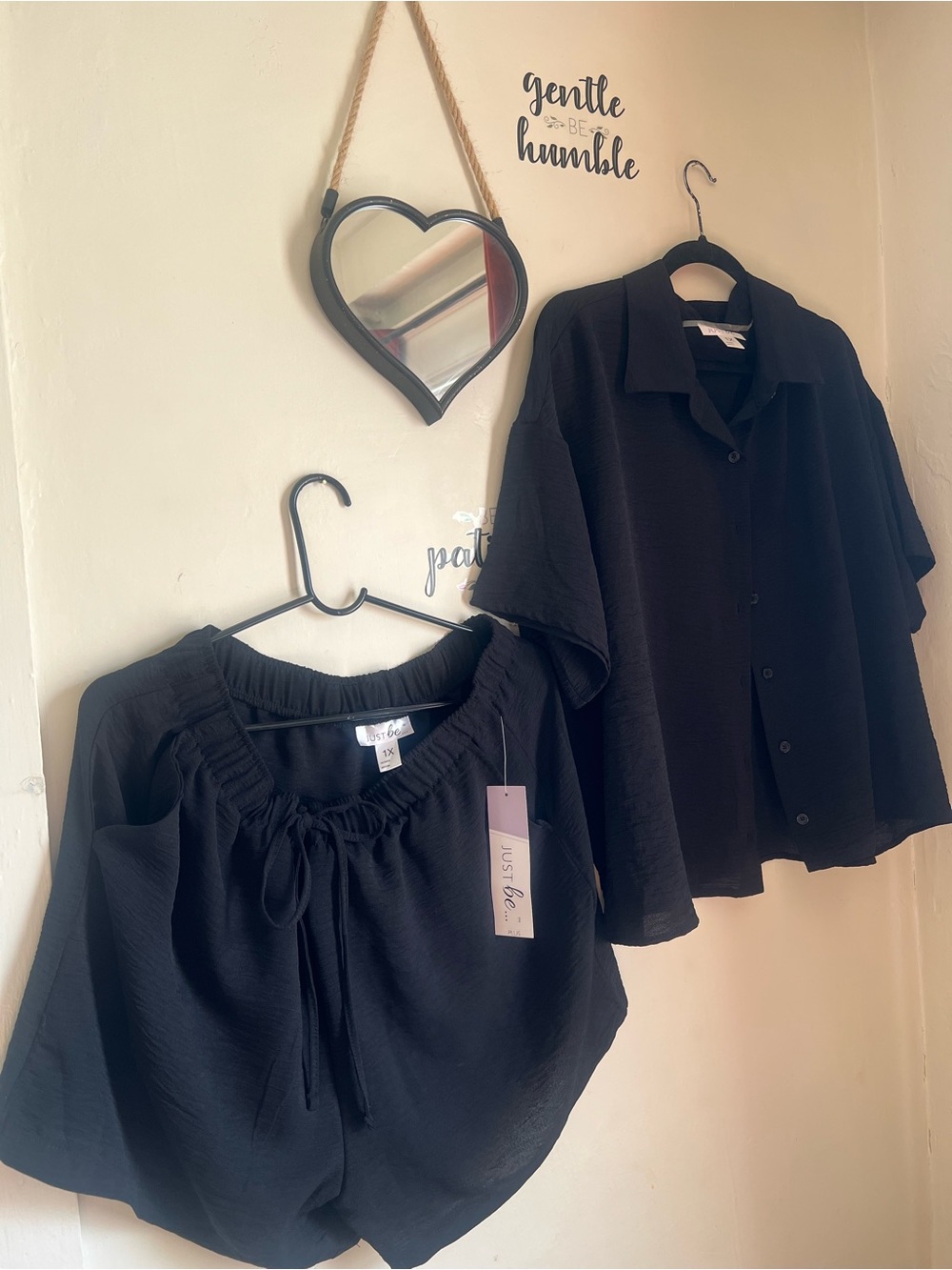 Just be Black Short-Sleeve Button Shirt & Elastic Waist Shorts Set